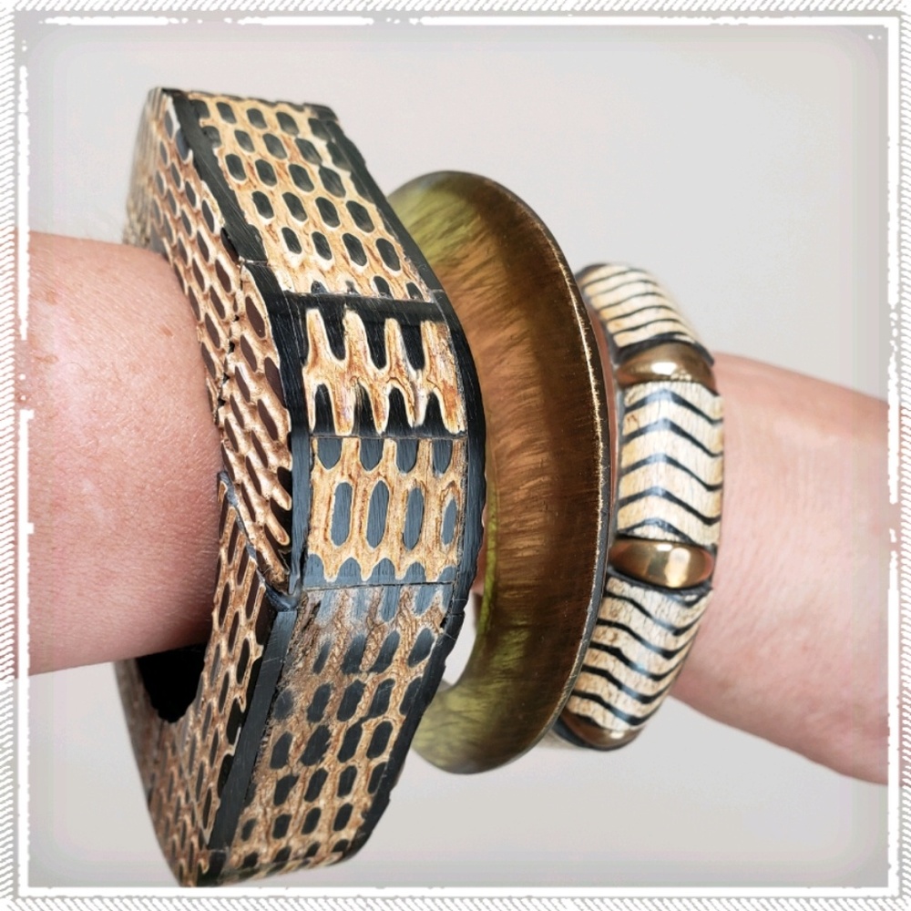 Animal print wood bracelets set of 3